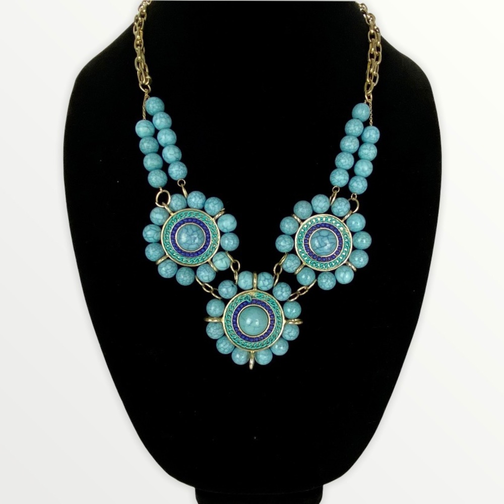 Turquoise Beaded Flower Boho Statement Bib Necklace